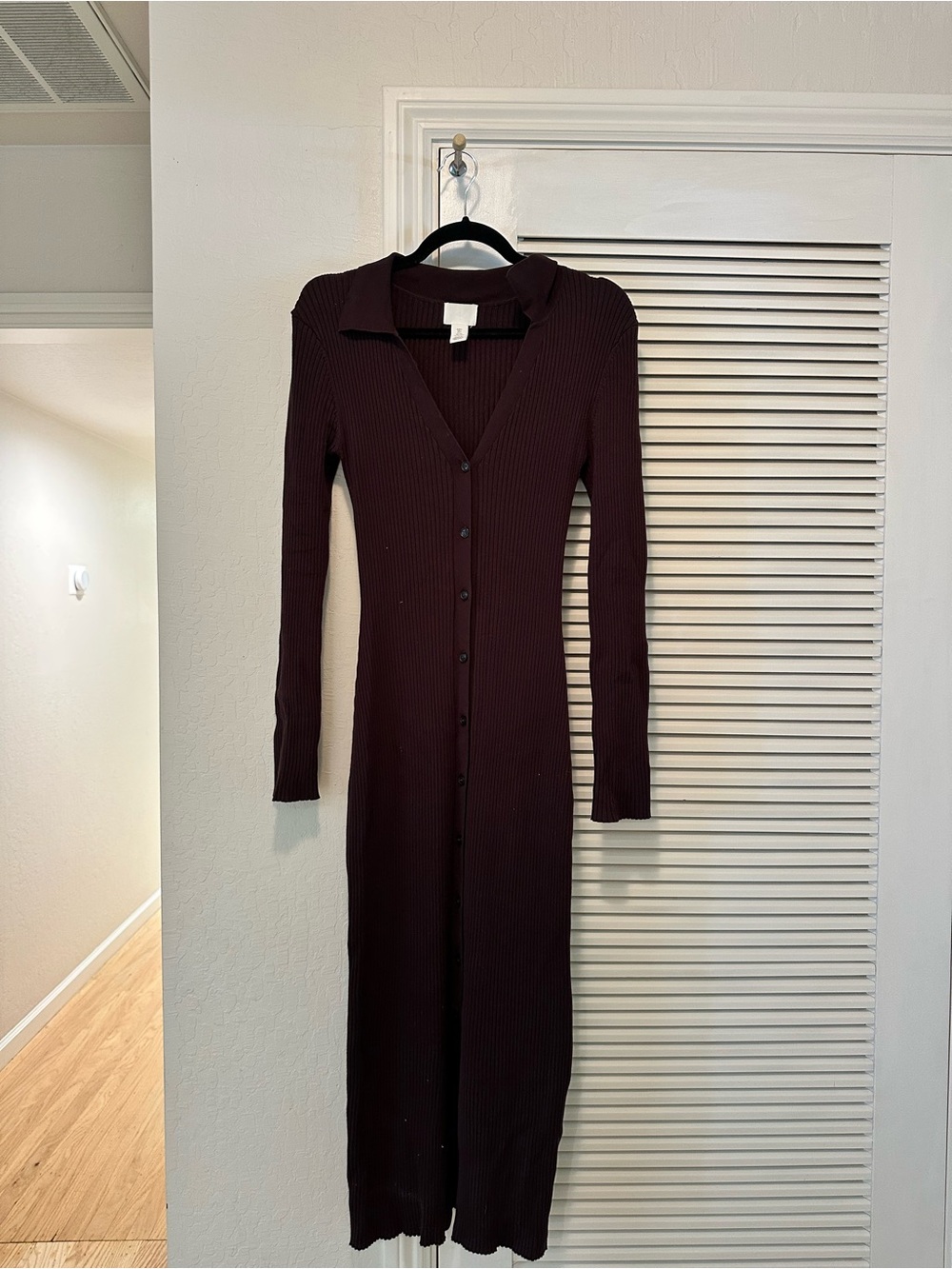 Ribbed Button-Front Long Sleeve Dress - Dark Brown S